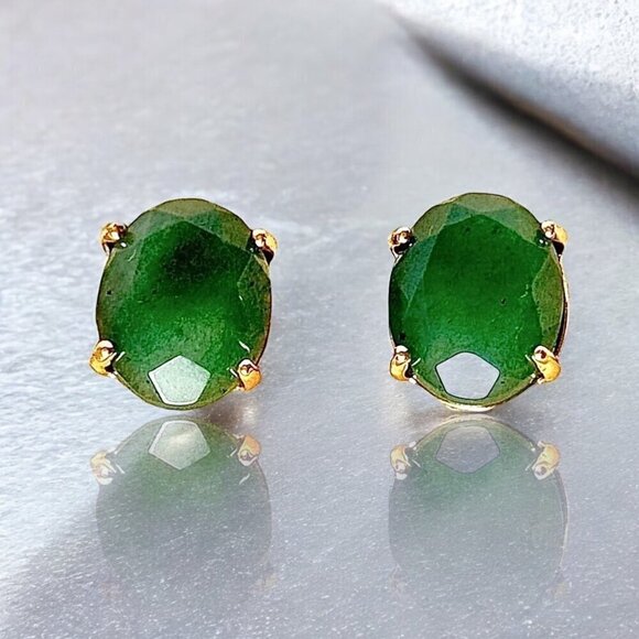 NEW Oval Stud Earrings Natural Green Aventurine 18K Gold Plated Classic 90s - Picture 1 of 11